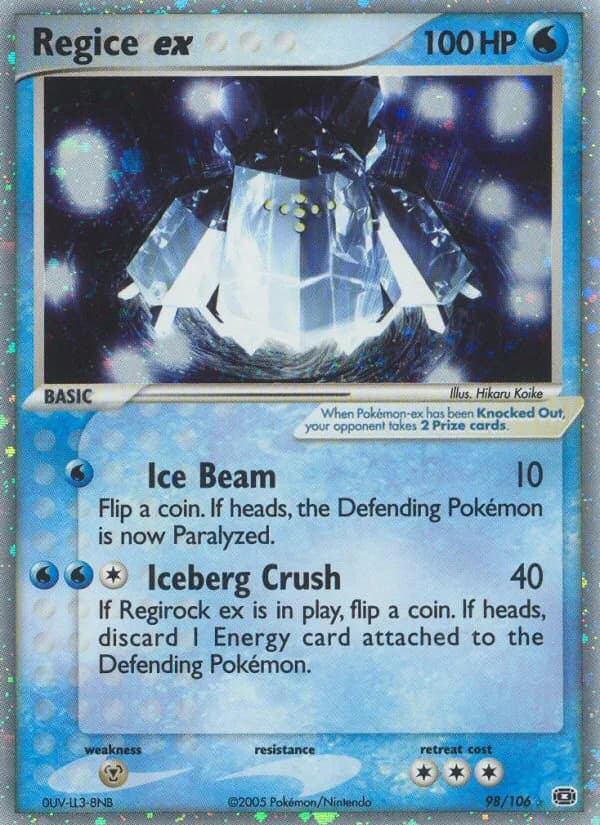 Regice ex card front, EX Emerald 98/106