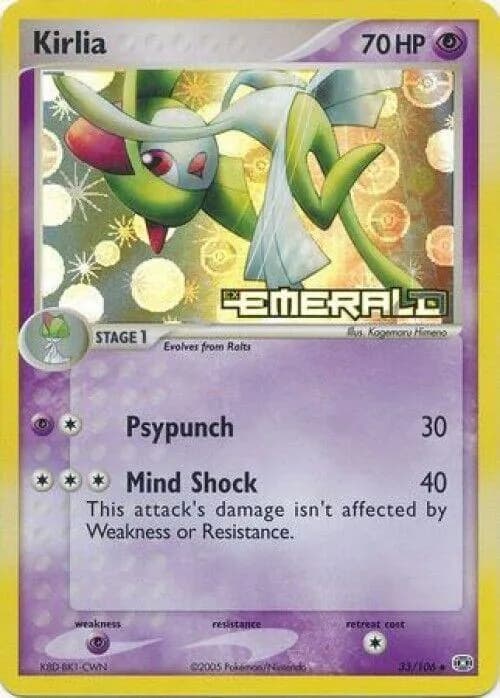 Kirlia reverse holo card front, EX Emerald 33/106