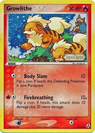 Growlithe reverse holo card front, EX Legend Maker 55/92