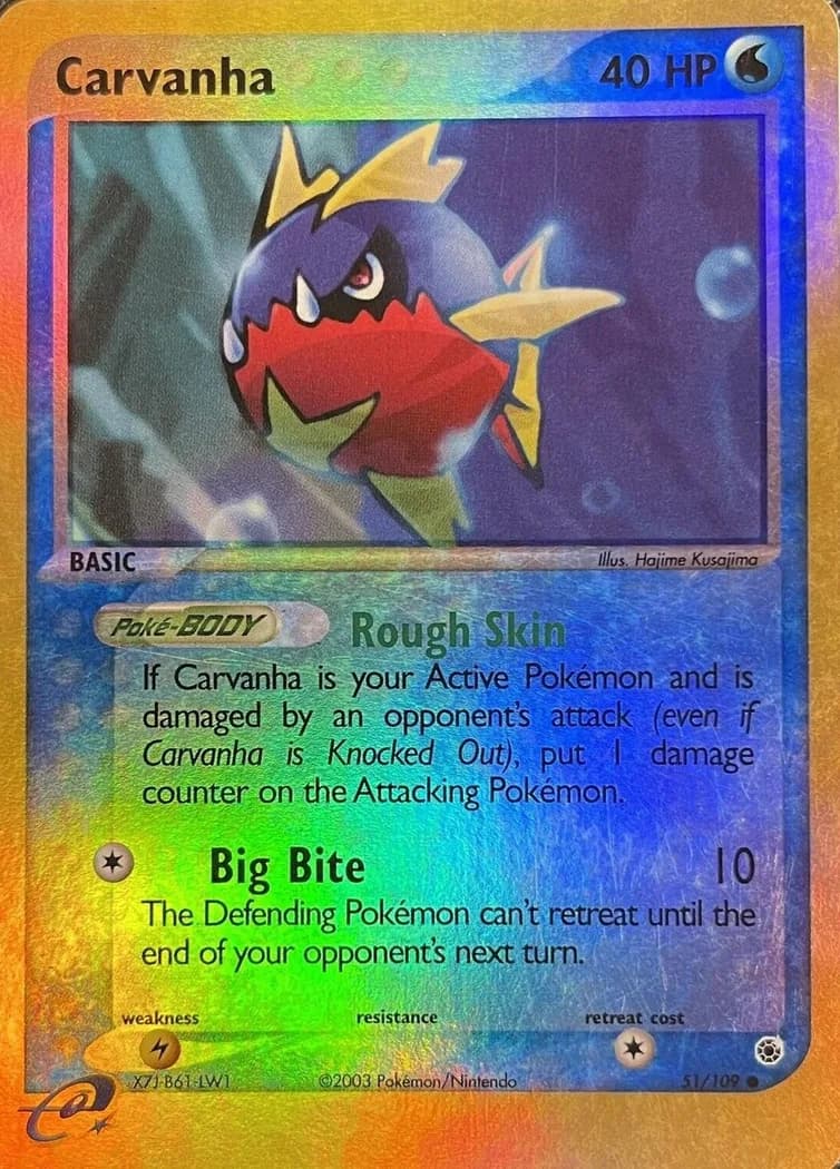 Carvanha reverse holo card front, EX Ruby & Sapphire 51/109