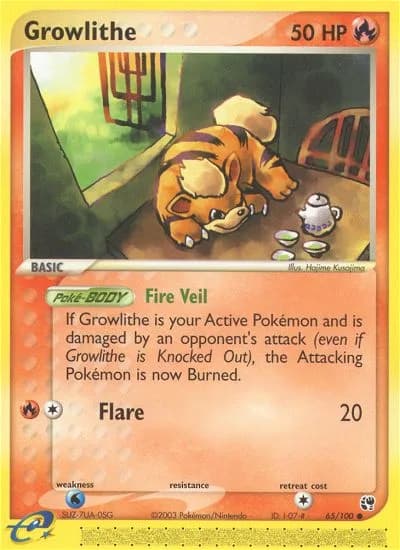 Growlithe card front, EX Sandstorm 65/100