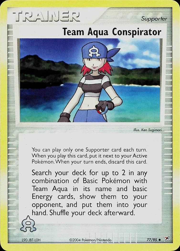 Team Aqua Conspirator reverse holo card front, EX Team Magma vs Team Aqua 77/95