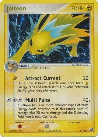 Jolteon reverse holo card front, EX Unseen Forces 8/115