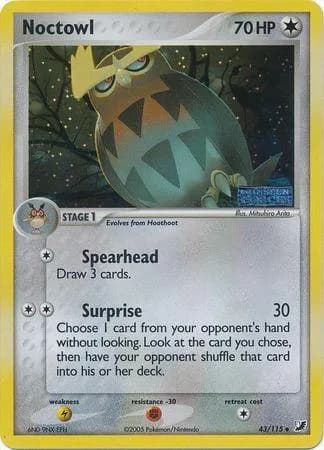 Noctowl reverse holo card front, EX Unseen Forces 43/115