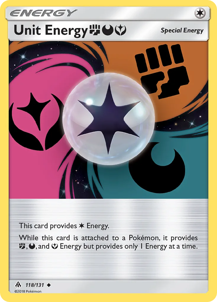 Unit Energy FightingDarknessFairy, Forbidden Light 118/131, English non-holo base-card reference; reverse-holo finish is not shown