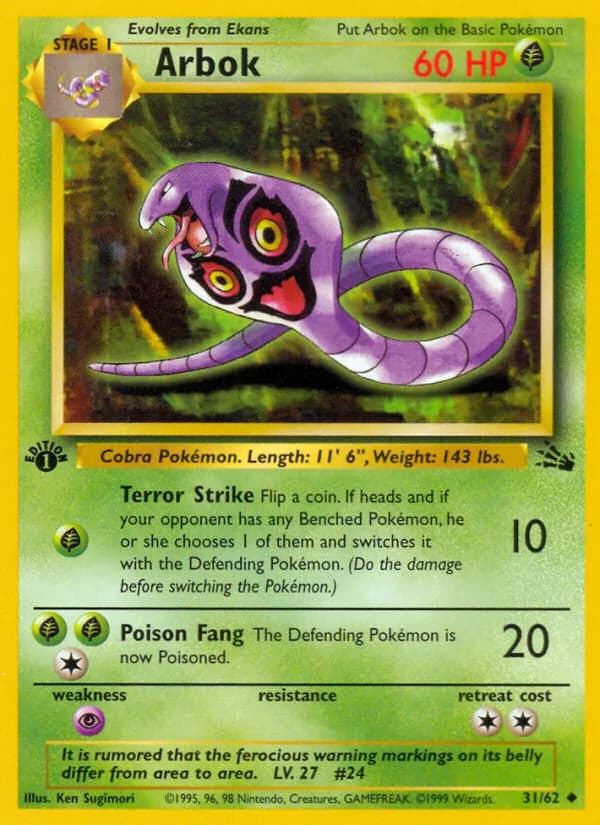 1st Edition Arbok card front, Fossil 31/62