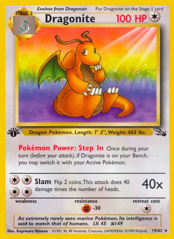 1st Edition Dragonite card front, Fossil 19/62