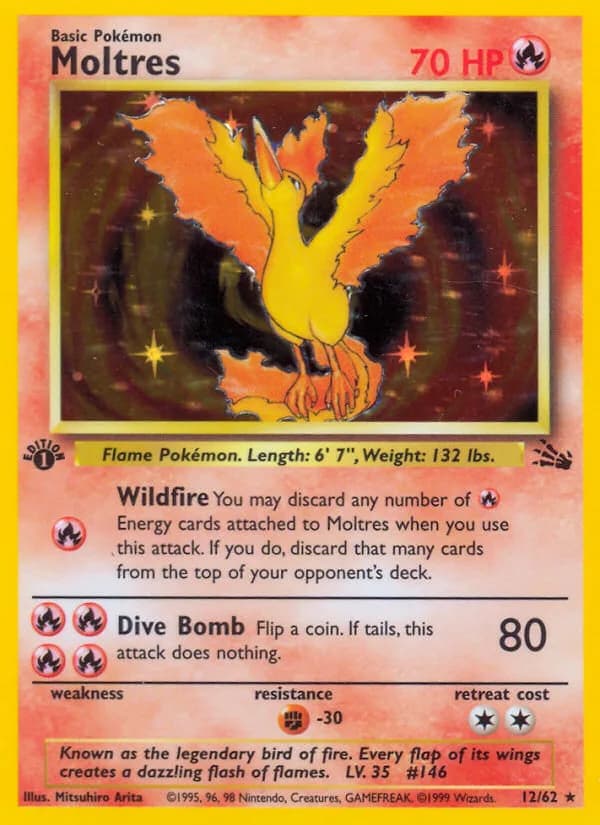 1st Edition Moltres card front, Fossil 12/62