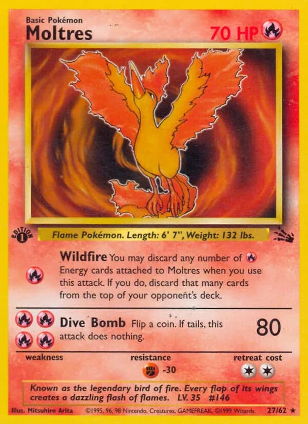 1st Edition Moltres card front, Fossil 27/62