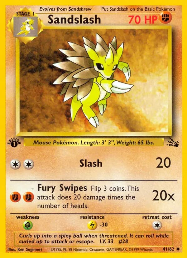 1st Edition Sandslash card front, Fossil 41/62