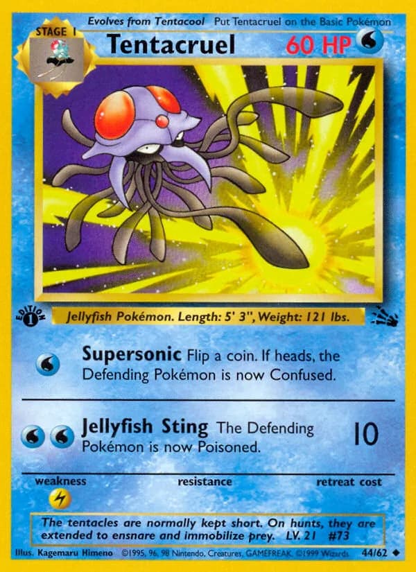 1st Edition Tentacruel card front, Fossil 44/62