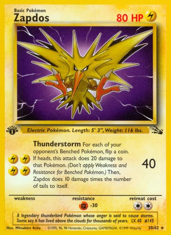 1st Edition Zapdos card front, Fossil 30/62