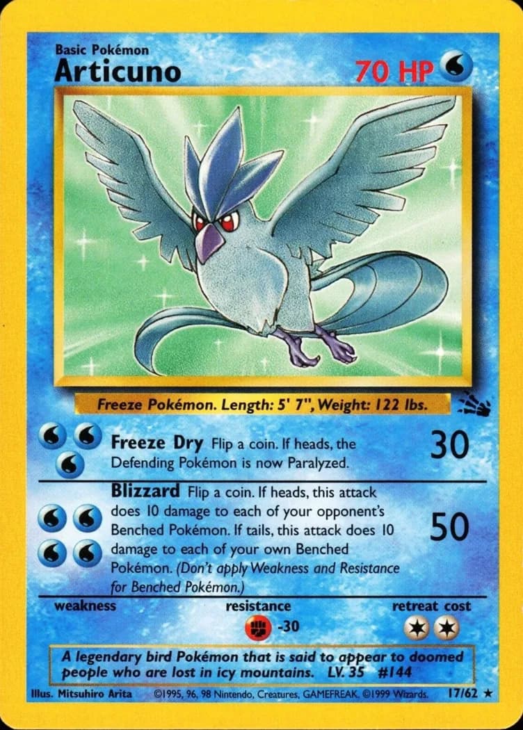 Unlimited Articuno card front, Fossil 17/62
