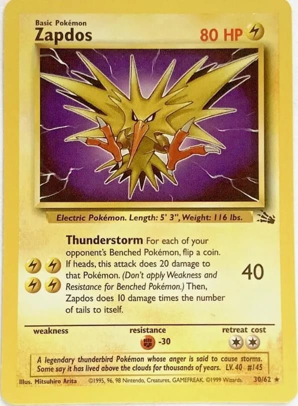 Unlimited Zapdos card front, Fossil 30/62