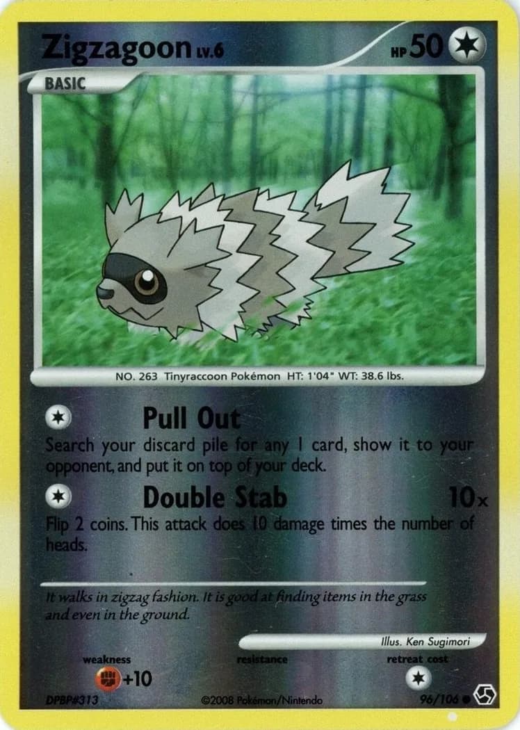 Zigzagoon reverse holo card front, Great Encounters 96/106