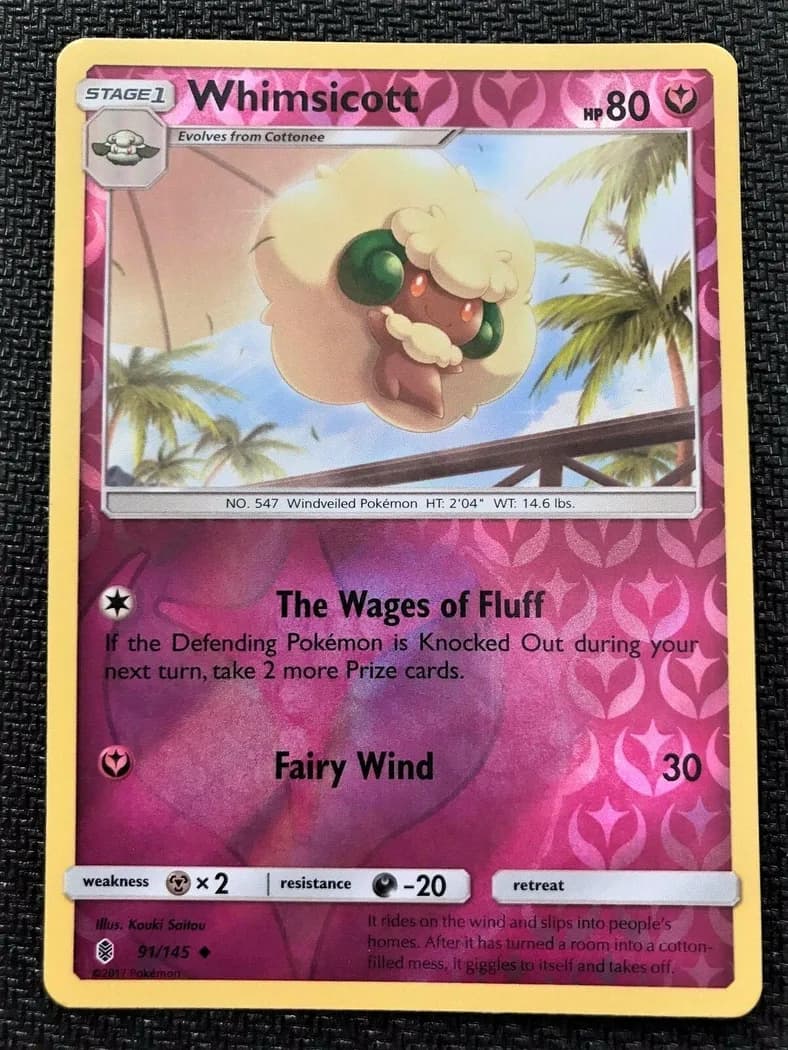 Whimsicott reverse holo card front, Guardians Rising 91/145