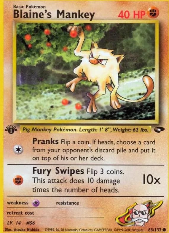 1st Edition Blaine's Mankey card front, Gym Challenge 63/132