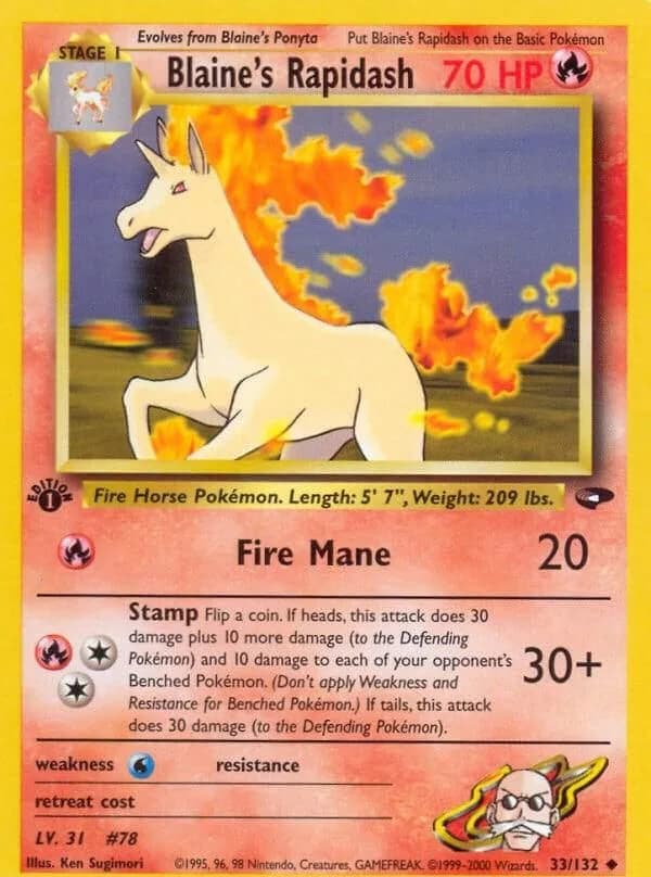 1st Edition Blaine's Rapidash card front, Gym Challenge 33/132