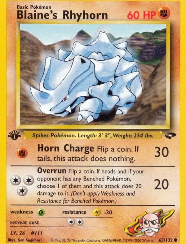 1st Edition Blaine's Rhyhorn card front, Gym Challenge 65/132