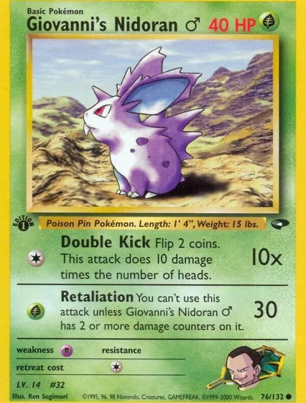 1st Edition Giovanni's Nidoran♂ card front, Gym Challenge 76/132