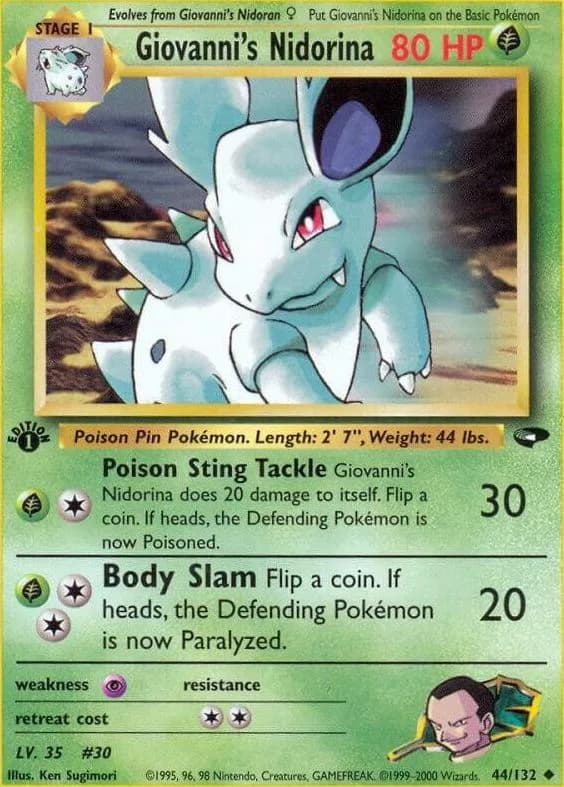 1st Edition Giovanni's Nidorina card front, Gym Challenge 44/132