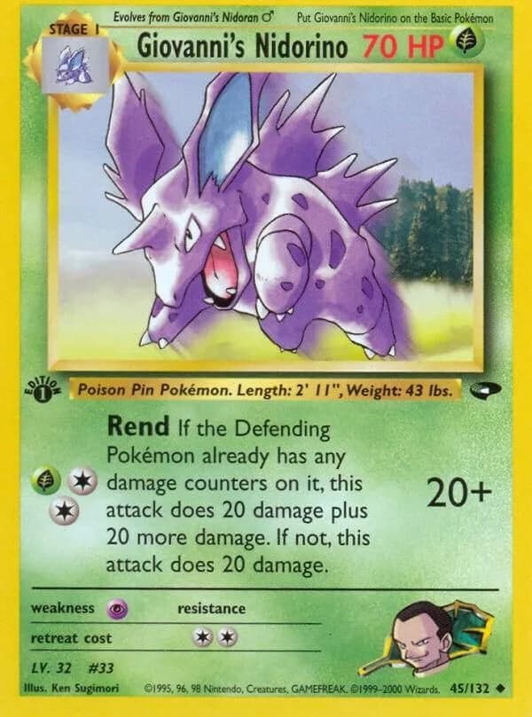 1st Edition Giovanni's Nidorino card front, Gym Challenge 45/132