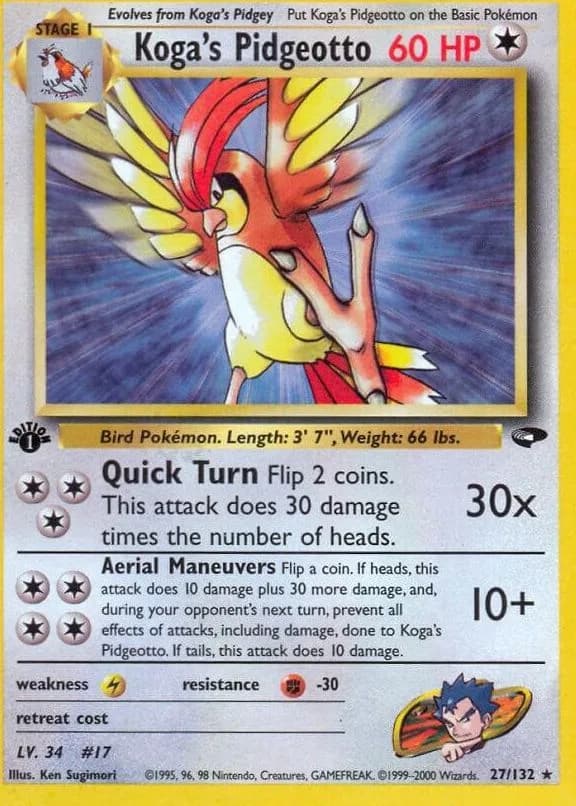 1st Edition Koga's Pidgeotto card front, Gym Challenge 27/132