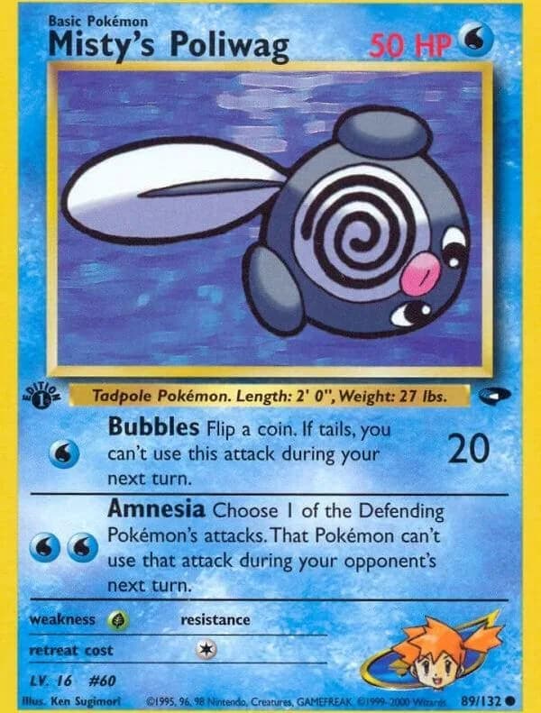 1st Edition Misty's Poliwag card front, Gym Challenge 89/132