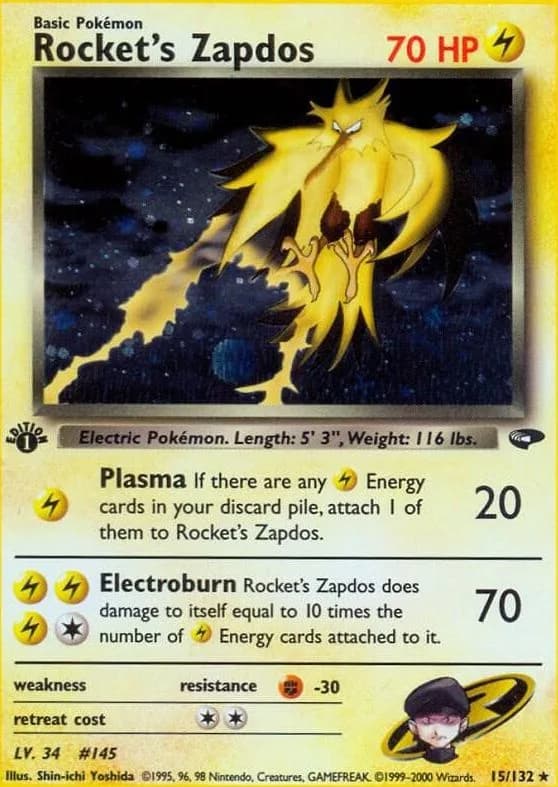 1st Edition Rocket's Zapdos card front, Gym Challenge 15/132