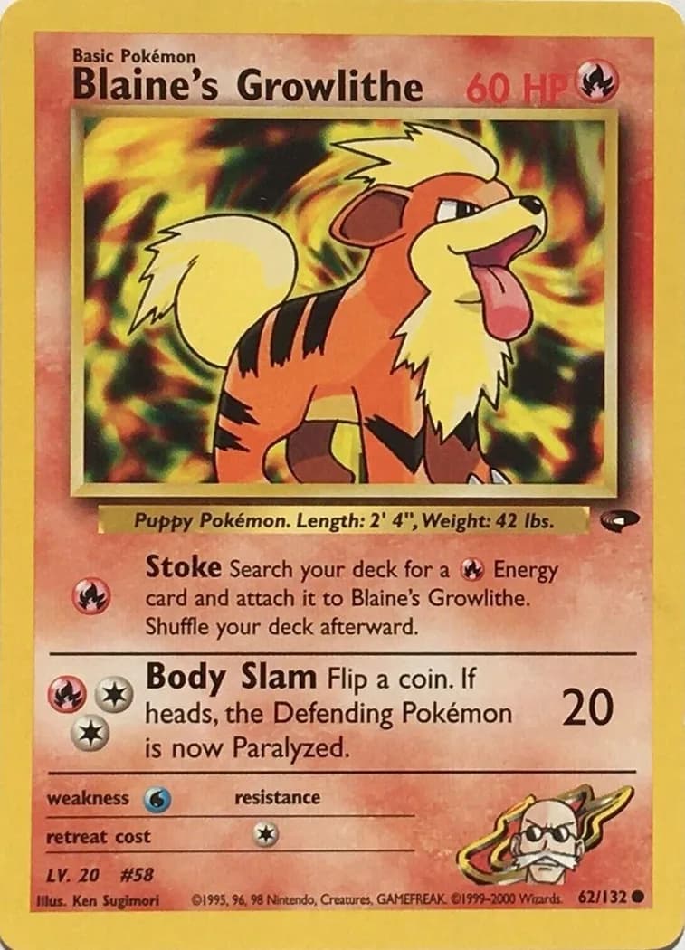 Unlimited Blaine's Growlithe card front, Gym Challenge 62/132