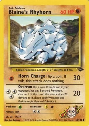 Unlimited Blaine's Rhyhorn card front, Gym Challenge 65/132