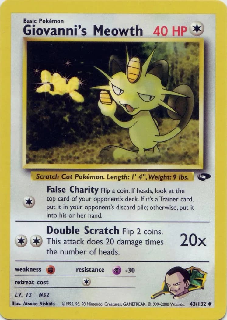Unlimited Giovanni's Meowth card front, Gym Challenge 43/132