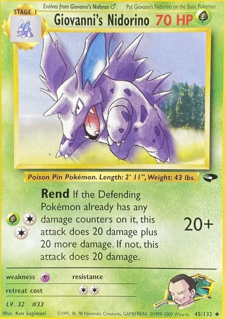 Unlimited Giovanni's Nidorino card front, Gym Challenge 45/132