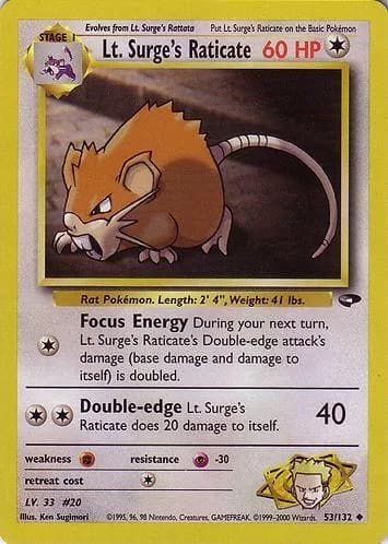Unlimited Lt. Surge's Raticate card front, Gym Challenge 53/132