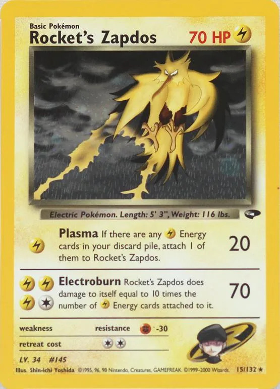 Unlimited Rocket's Zapdos card front, Gym Challenge 15/132