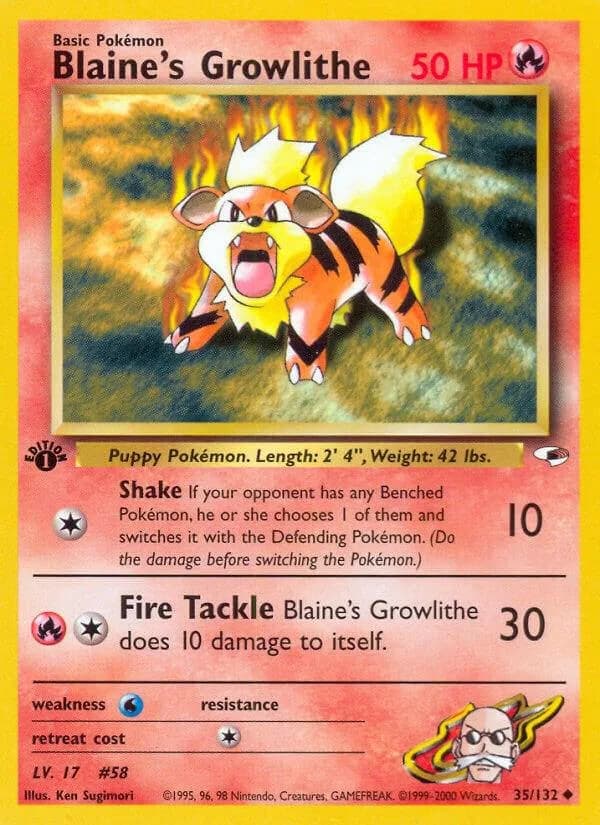 1st Edition Blaine's Growlithe card front, Gym Heroes 35/132
