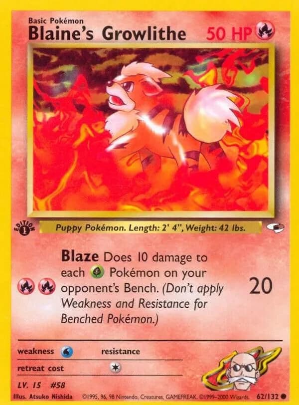 1st Edition Blaine's Growlithe card front, Gym Heroes 62/132