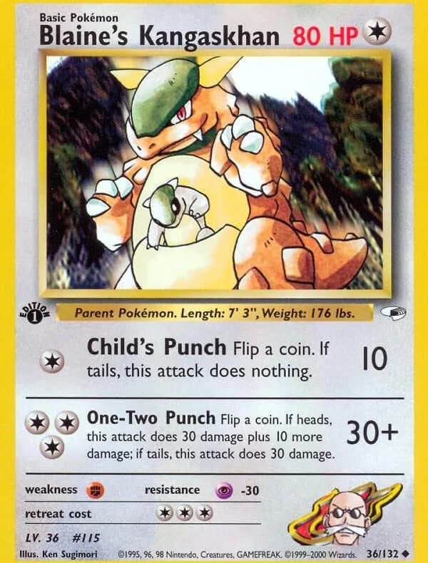 1st Edition Blaine's Kangaskhan card front, Gym Heroes 36/132