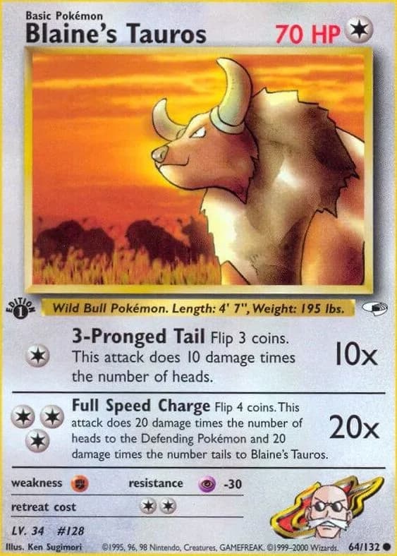 1st Edition Blaine's Tauros card front, Gym Heroes 64/132
