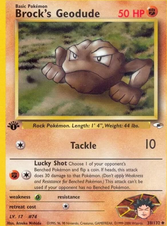 1st Edition Brock's Geodude card front, Gym Heroes 38/132