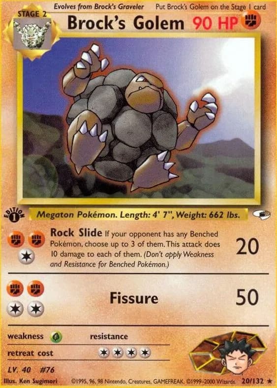 1st Edition Brock's Golem card front, Gym Heroes 20/132