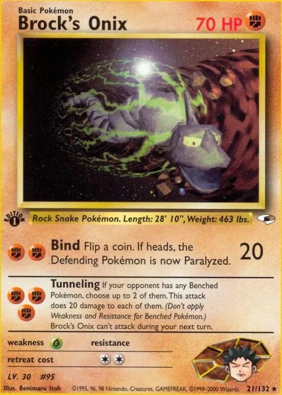 1st Edition Brock's Onix card front, Gym Heroes 21/132