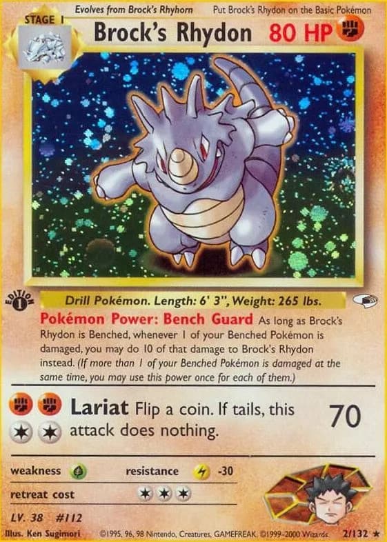1st Edition Brock's Rhydon card front, Gym Heroes 2/132