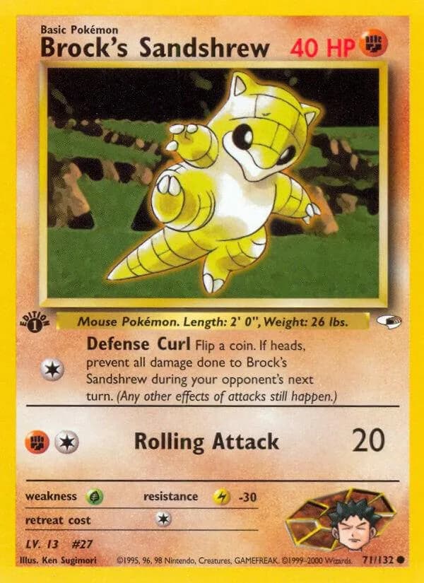 1st Edition Brock's Sandshrew card front, Gym Heroes 71/132