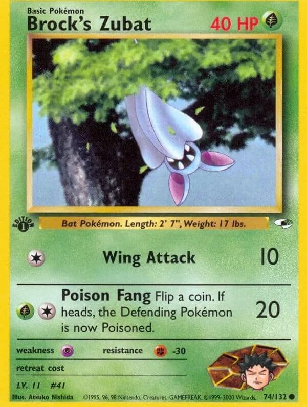 1st Edition Brock's Zubat card front, Gym Heroes 74/132