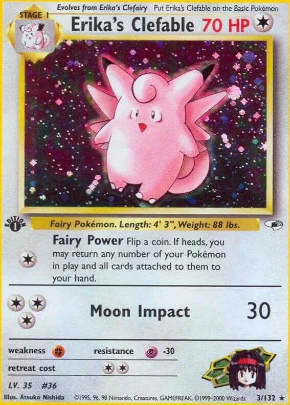 1st Edition Erika's Clefable card front, Gym Heroes 3/132
