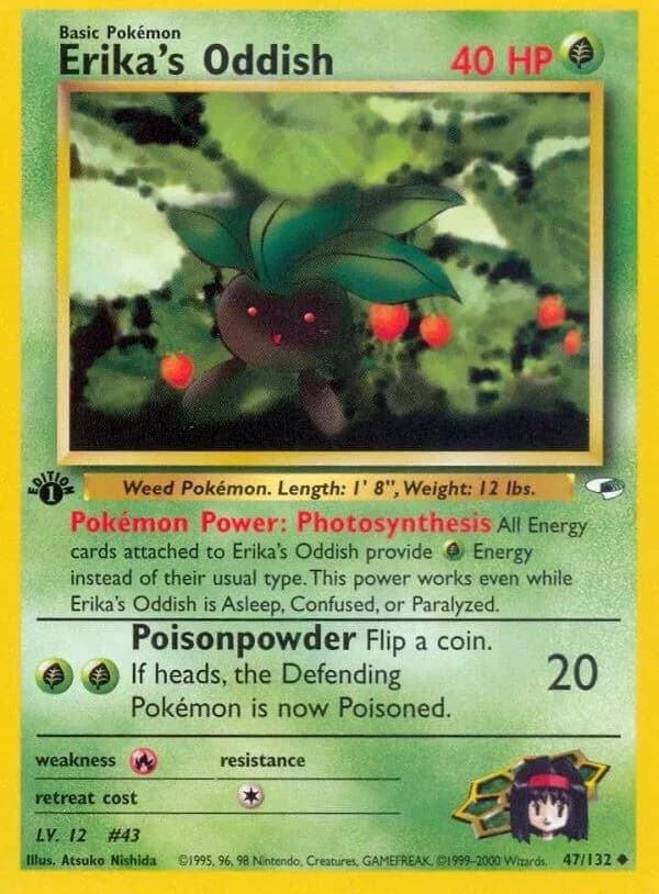 1st Edition Erika's Oddish card front, Gym Heroes 47/132
