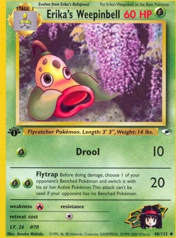 1st Edition Erika's Weepinbell card front, Gym Heroes 48/132