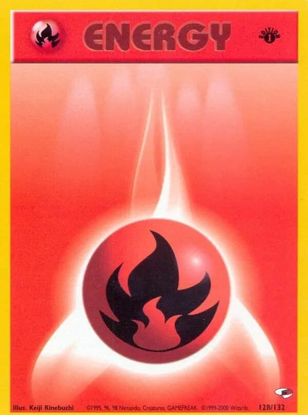 1st Edition Fire Energy card front, Gym Heroes 128/132