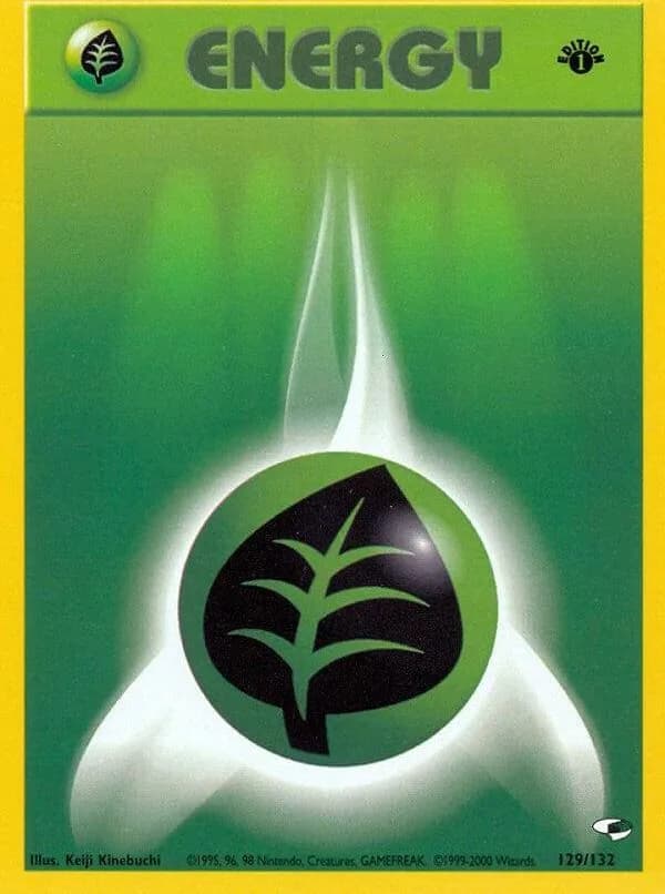 1st Edition Grass Energy card front, Gym Heroes 129/132